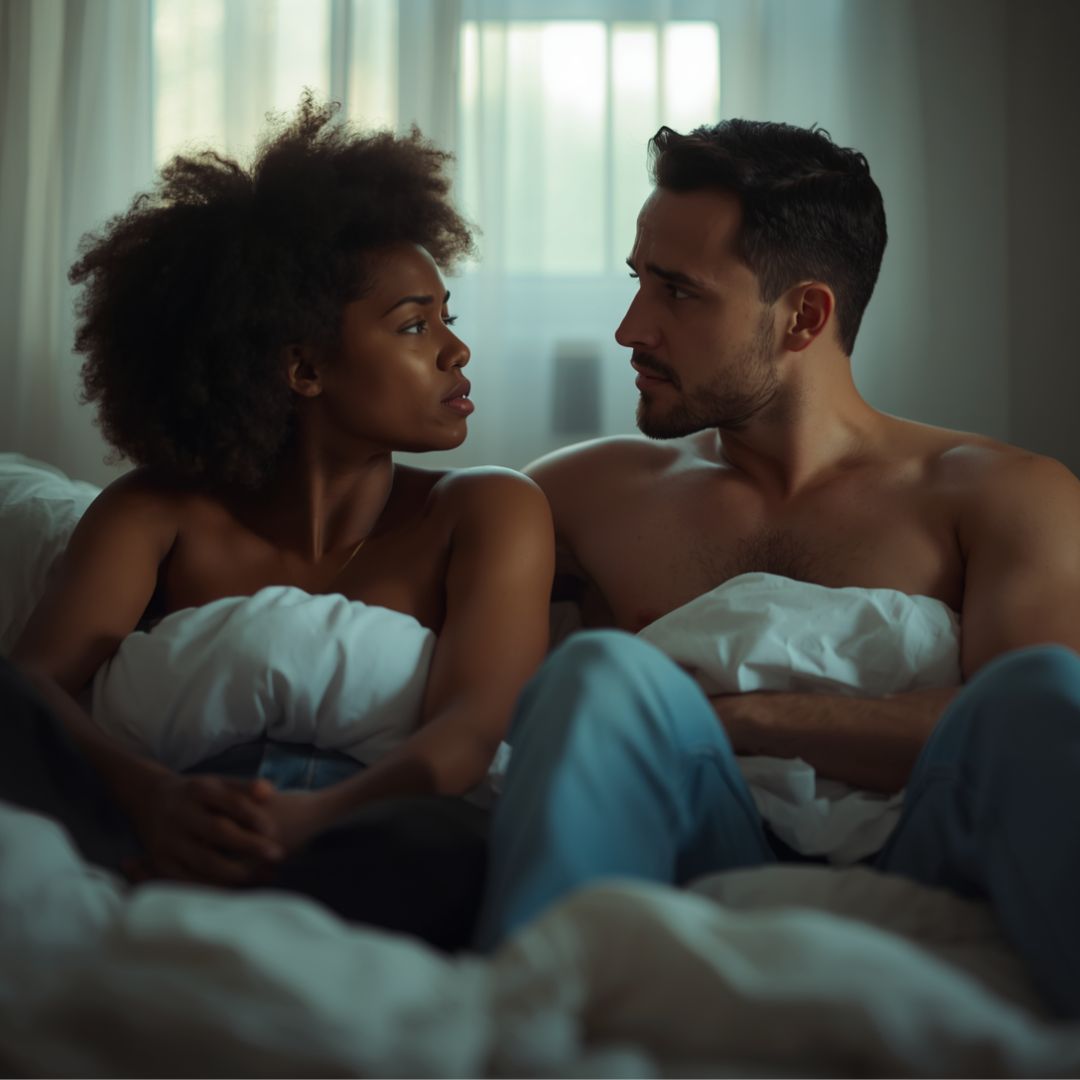 My girlfriend wants an abortion. A couple sitting in bed.